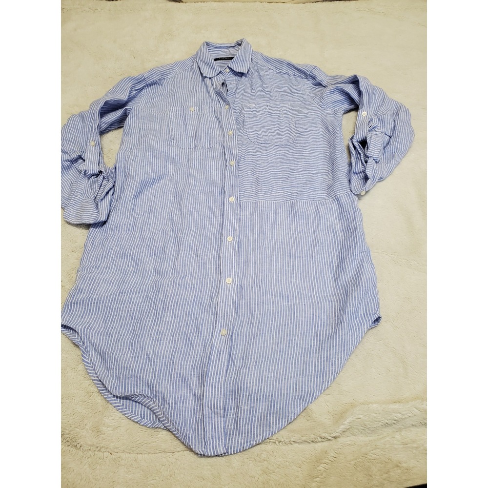 Lauren Ralph Lauren Blue White‎ Striped Linen Button Shirt Dress Small Petite